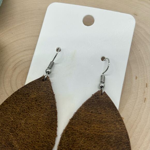 5/$25 Genuine Leather Brown Lightweight Teardrop Neutral Minimalist Earrings - Picture 3 of 4